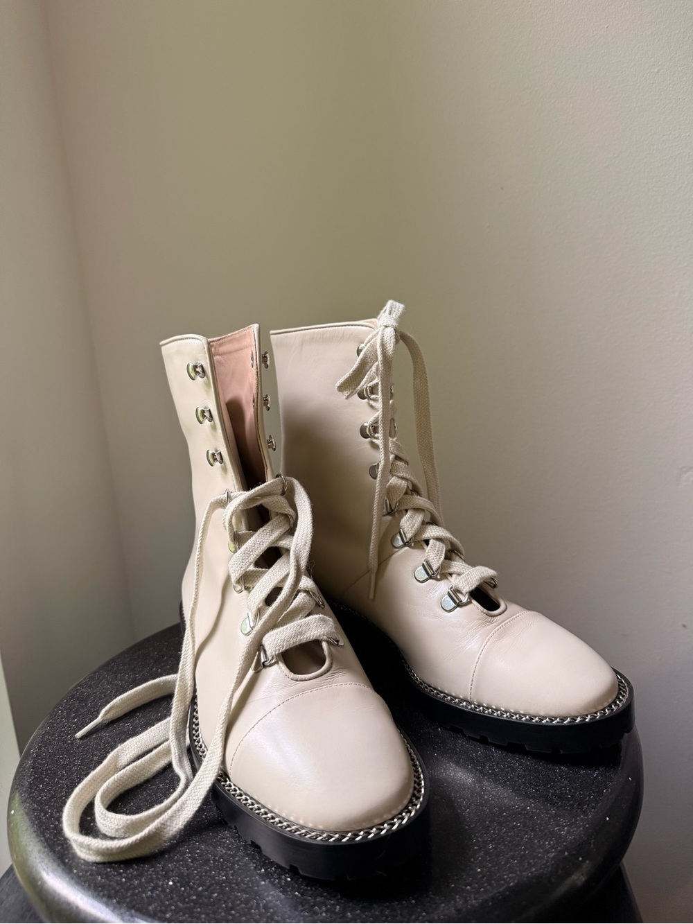 Stuart Weitzman Cream Lace-Up Combat Boots